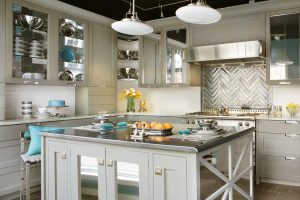 Kitchen backsplash with herringbone pattern, silver metallic tile, white tile